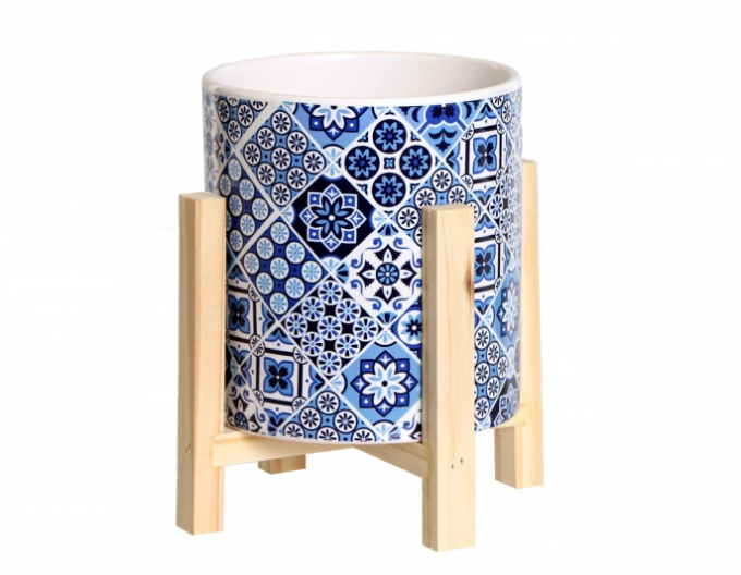 Keramischer  Pflanztopf im Holzständer